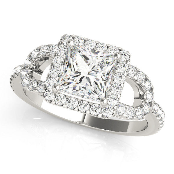 Platinum Princess Cut Halo Split Shank Diamond Ring with Four-Prong Setting 1