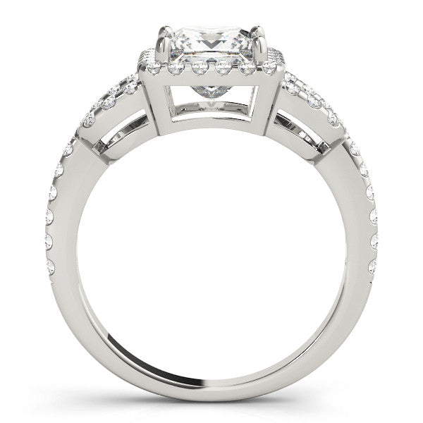 Platinum Princess Cut Halo Split Shank Diamond Ring with Four-Prong Setting