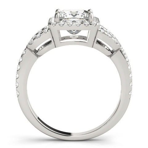 Platinum Princess Cut Halo Split Shank Diamond Ring with Four-Prong Setting