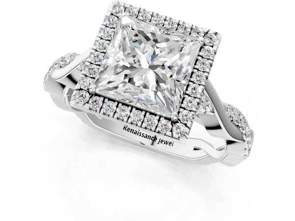 Platinum Princess Cut Interwoven Twist Halo Engagement Ring Setting