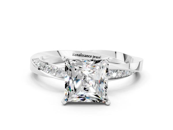 Platinum Princess Cut Moissanite Engagement Ring with Side Stone Accents and Four-Prong Setting