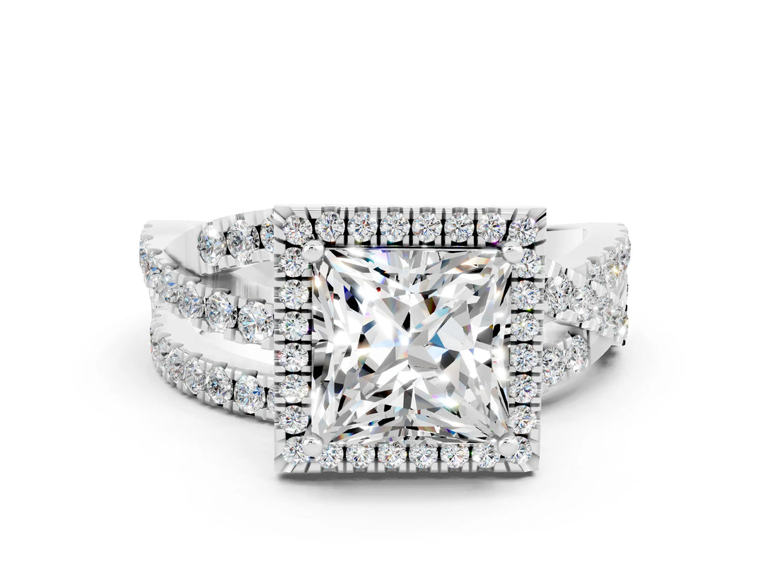 Platinum Princess Cut Moissanite Halo Ring with Round Split Shank and Prong Setting_66
