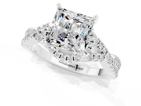 Platinum Princess Cut Moissanite  Halo Twist Band Solitaire Prong Setting Ring