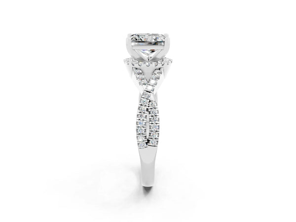 Platinum Princess Cut Moissanite  Halo Twist Band Solitaire Prong Setting Ring