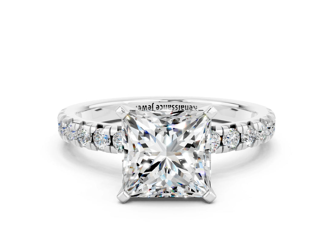 Platinum Princess Cut Moissanite Solitaire Pavé Engagement Ring with Round Band and Prong Setting_90