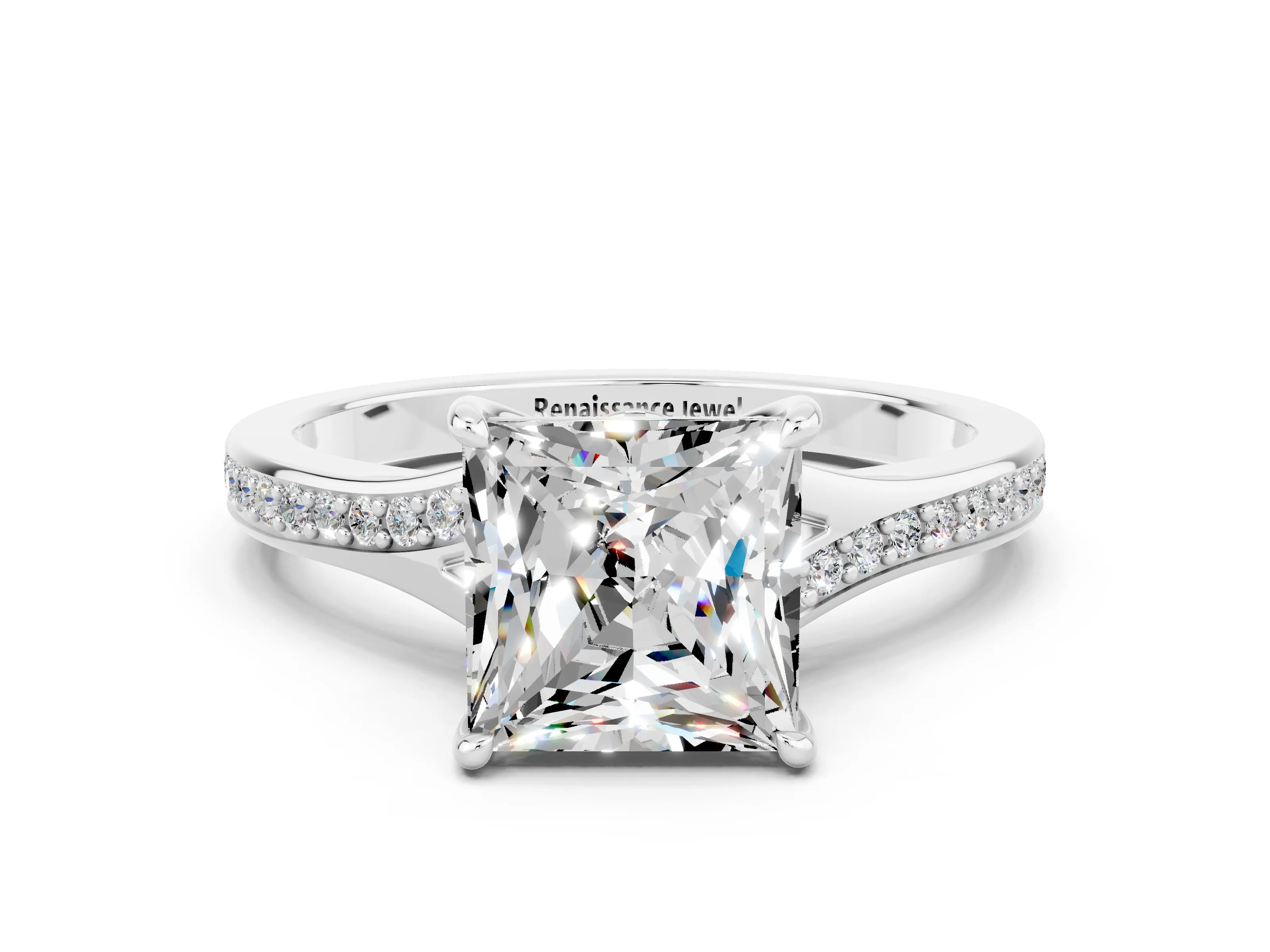 Platinum Princess Cut Moissanite Solitaire Ring with Pavé Band and Prong Setting_12