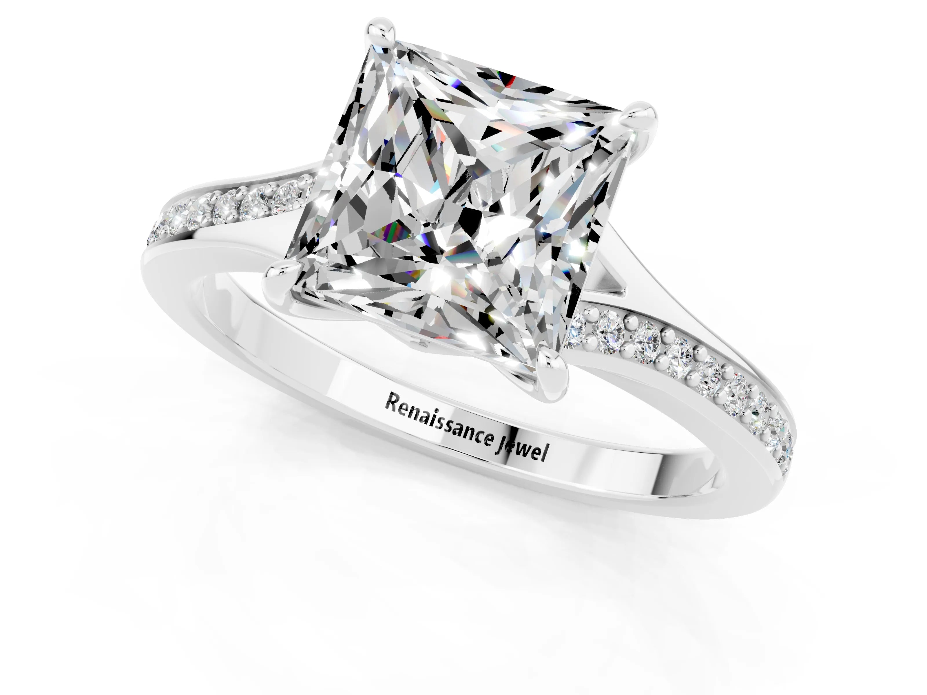 Platinum Princess Cut Moissanite Solitaire Ring with Pavé Band and Prong Setting_13