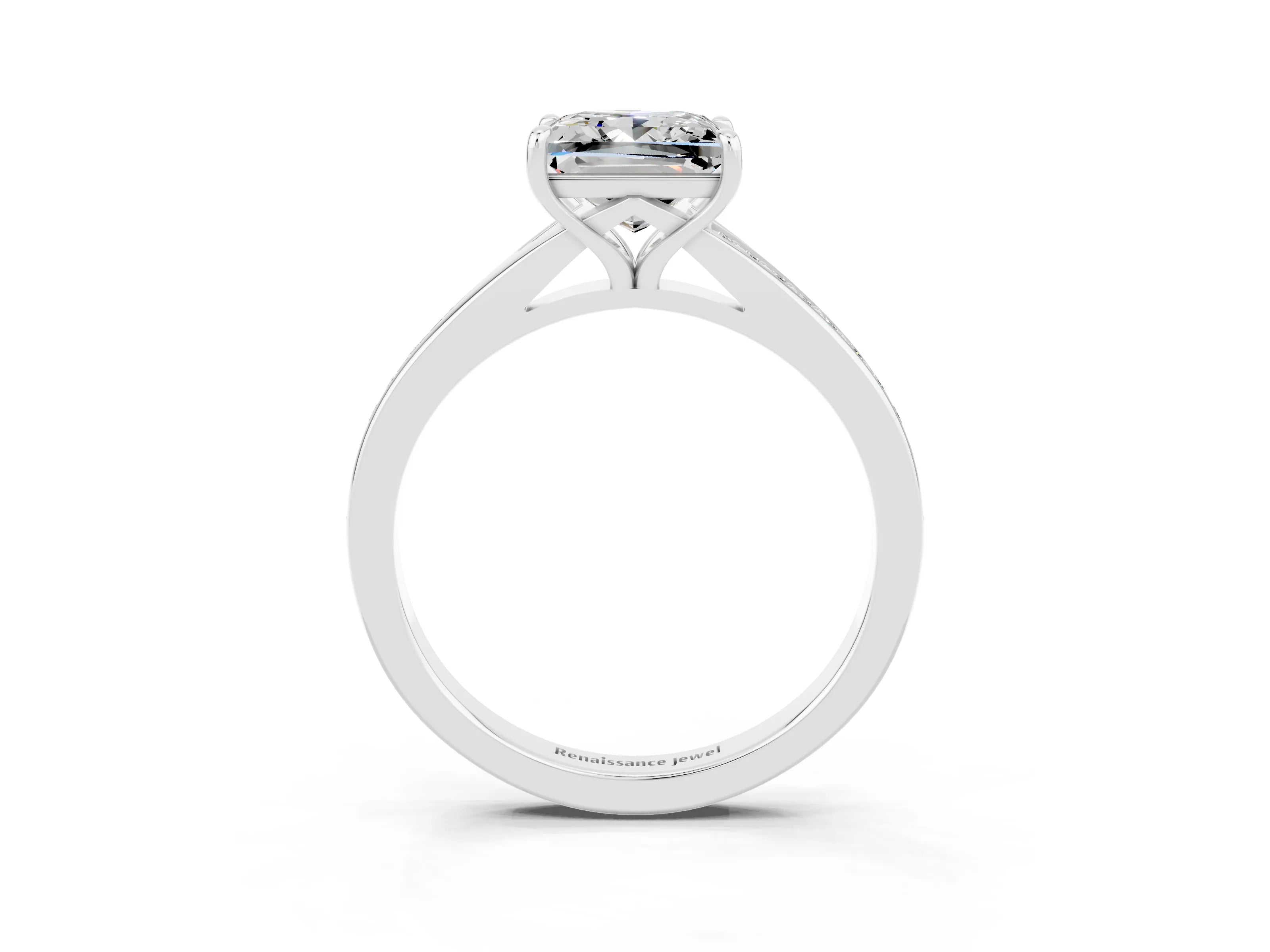 Platinum Princess Cut Moissanite Solitaire Ring with Pavé Band and Prong Setting_15