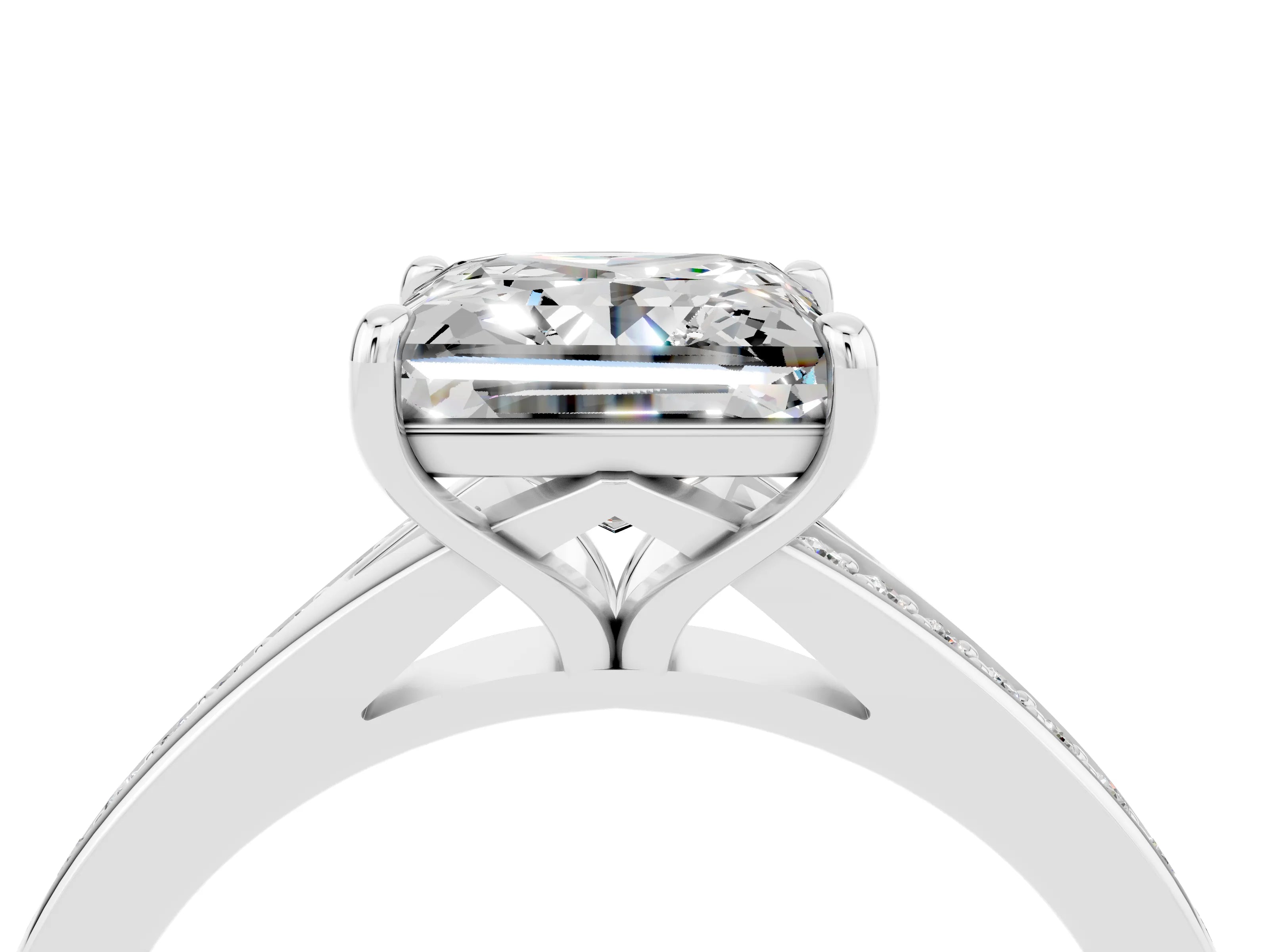 Platinum Princess Cut Moissanite Solitaire Ring with Pavé Band and Prong Setting_16