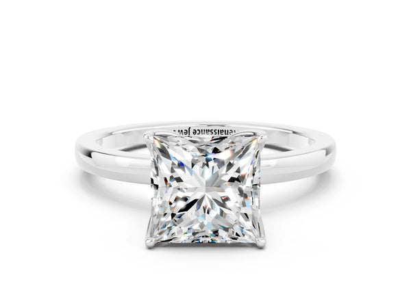 Platinum Princess Cut Moissanite Solitaire Ring with Thin Band and Prong Setting