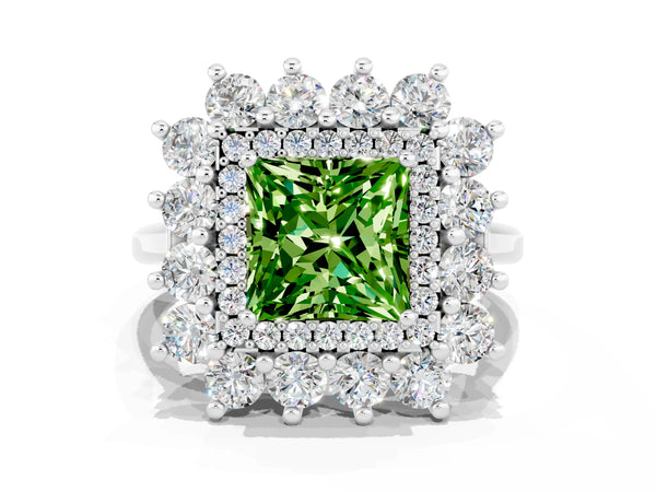 Platinum Princess Cut Peridot Floral Double Halo Engagement Ring with Prong Setting