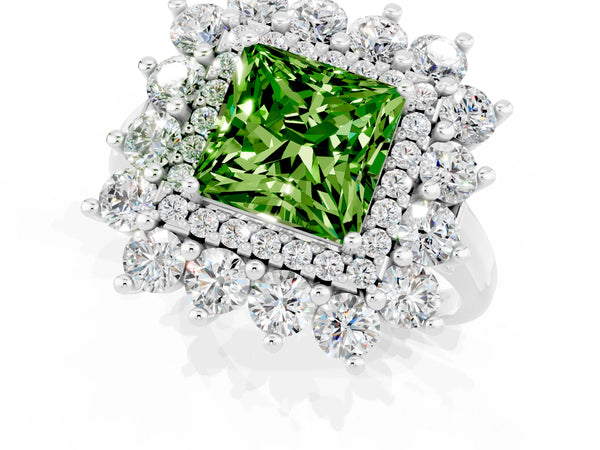 Platinum Princess Cut Peridot Floral Double Halo Engagement Ring with Prong Setting
