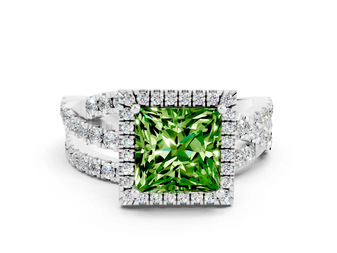 Platinum Princess Cut Peridot Halo Ring with Round Split Shank and Prong Setting_67
