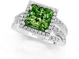 Platinum Princess Cut Peridot Halo Ring with Round Split Shank and Prong Setting_68
