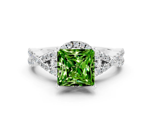 Platinum Princess Cut Peridot  Halo Twist Band Solitaire Prong Setting Ring