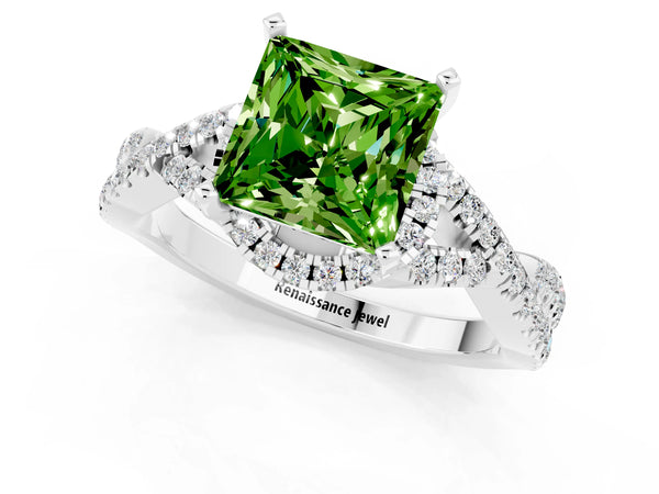 Platinum Princess Cut Peridot  Halo Twist Band Solitaire Prong Setting Ring