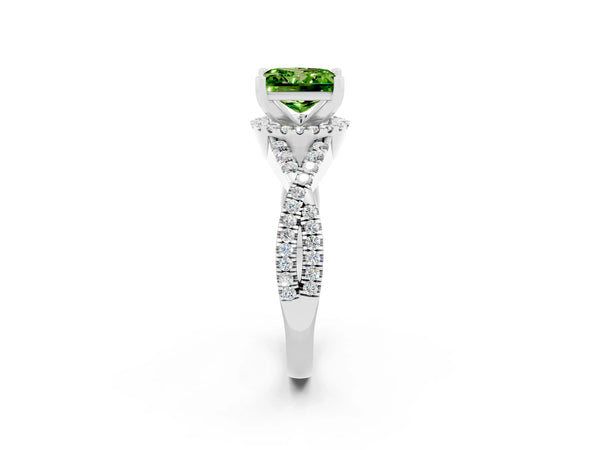 Platinum Princess Cut Peridot  Halo Twist Band Solitaire Prong Setting Ring