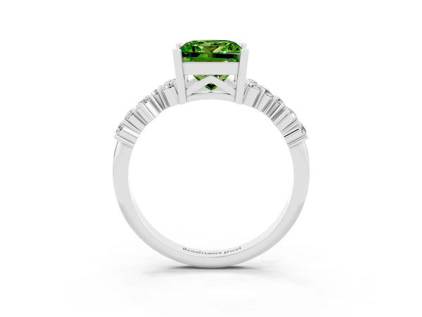 Platinum Princess Cut Peridot Scattered Round Accent Ring with Prong Setting