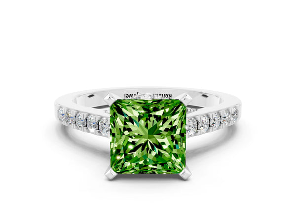 Platinum Princess Cut Peridot Solitaire Ring with Crossover Gallery and Round  Pavé Band