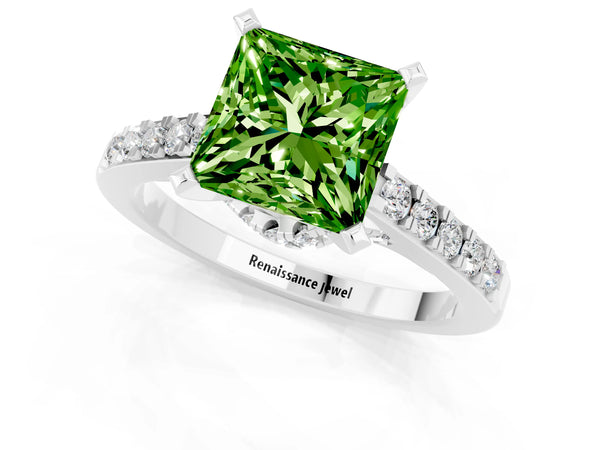 Platinum Princess Cut Peridot Solitaire Ring with Crossover Gallery and Round  Pavé Band