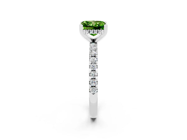 Platinum Princess Cut Peridot Solitaire Ring with Round Pavé Band and Four-Prong Setting