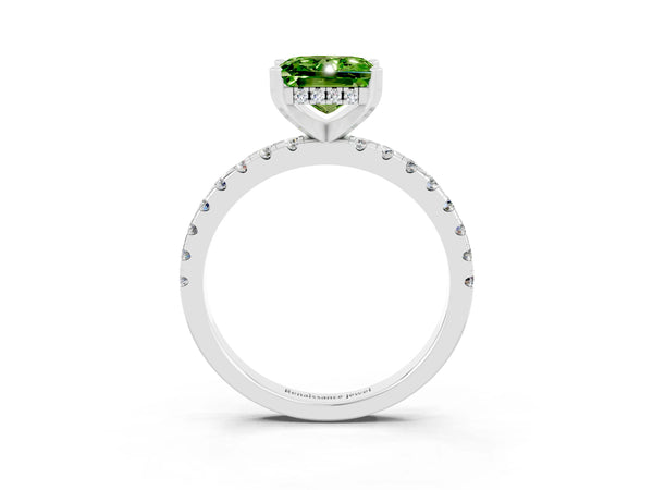 Platinum Princess Cut Peridot Solitaire Ring with Round Pavé Band and Four-Prong Setting