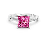 Platinum Princess Cut Pink Sapphire Engagement Ring with Side Stone Accents and Four-Prong Setting_12