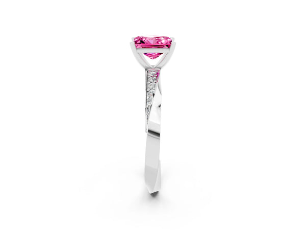 Platinum Princess Cut Pink Sapphire Engagement Ring with Side Stone Accents and Four-Prong Setting