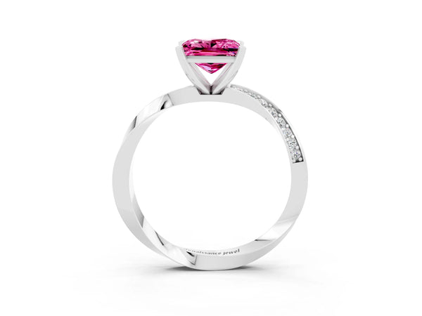 Platinum Princess Cut Pink Sapphire Engagement Ring with Side Stone Accents and Four-Prong Setting