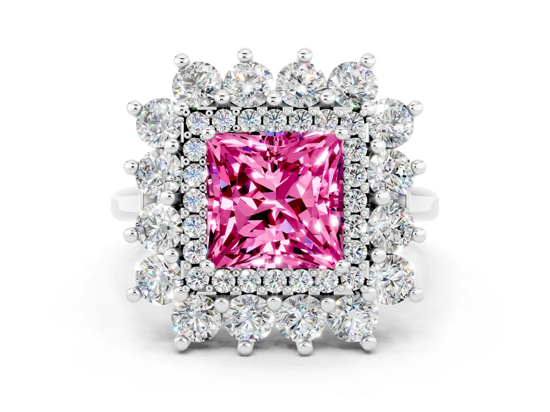 Platinum Princess Cut Pink Sapphire Floral Double Halo Engagement Ring with Prong Setting_138