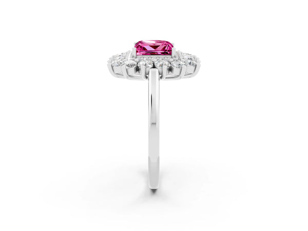 Platinum Princess Cut Lab-Grown Pink Sapphire Floral Double Halo Engagement Ring with Plain Band