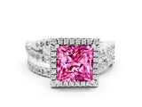 Platinum Princess Cut Pink Sapphire Halo Ring with Round Split Shank and Prong Setting_66