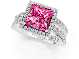 Platinum Princess Cut Pink Sapphire Halo Ring with Round Split Shank and Prong Setting_67
