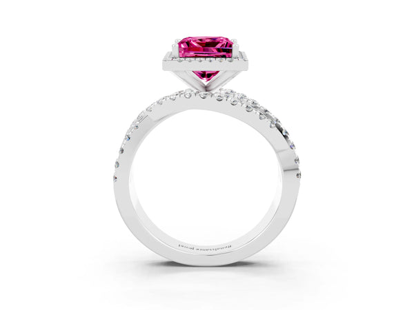 Platinum Princess Cut Lab-Grown Pink Sapphire Halo Engagement Ring with Twisted Pave Split Shank