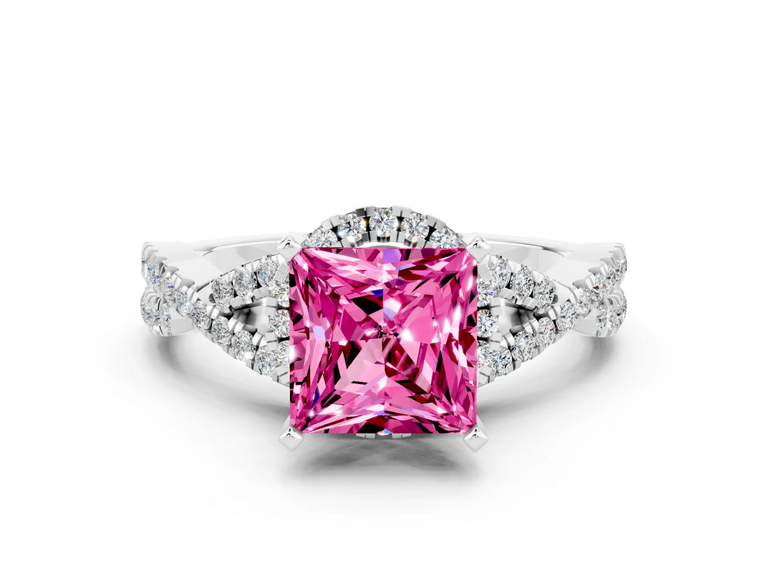 Platinum Princess Cut Pink Sapphire  Halo Twist Band Solitaire Prong Setting Ring_12