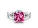 Platinum Princess Cut Pink Sapphire  Halo Twist Band Solitaire Prong Setting Ring_12