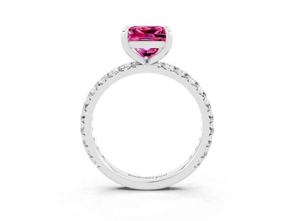 Platinum Princess Cut Lab-Grown Pink Sapphire Solitaire Engagement Ring with Shared Prong Pave Band