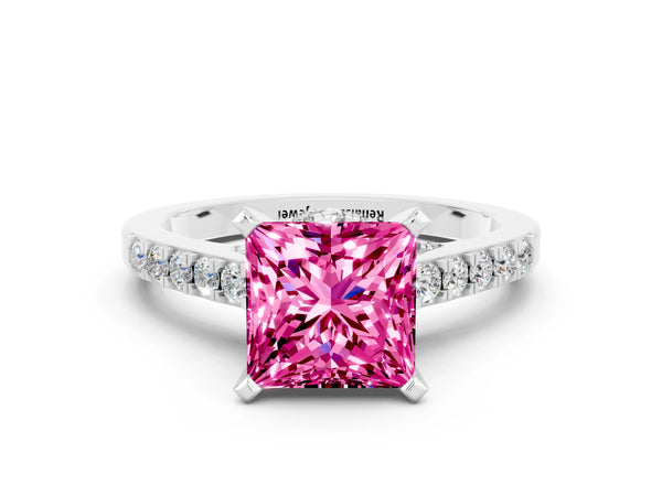 Platinum Princess Cut Pink Sapphire Solitaire Ring with Crossover Gallery and Round  Pavé Band