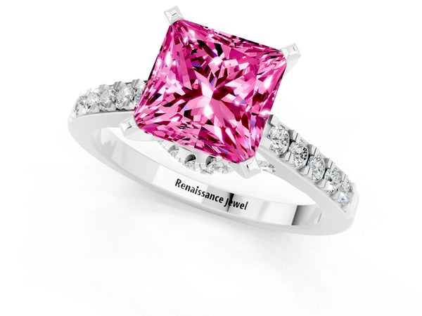 Platinum Princess Cut Pink Sapphire Solitaire Ring with Crossover Gallery and Round  Pavé Band