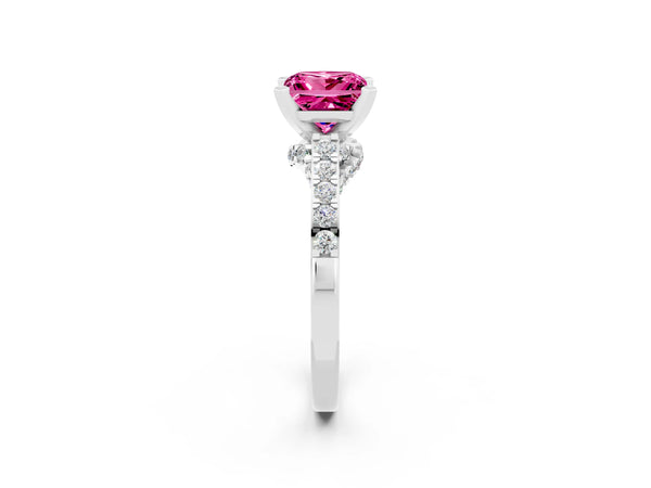 Platinum Princess Cut Pink Sapphire Solitaire Ring with Crossover Gallery and Round  Pavé Band