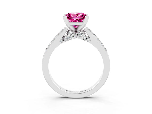 Platinum Princess Cut Pink Sapphire Solitaire Ring with Crossover Gallery and Round  Pavé Band