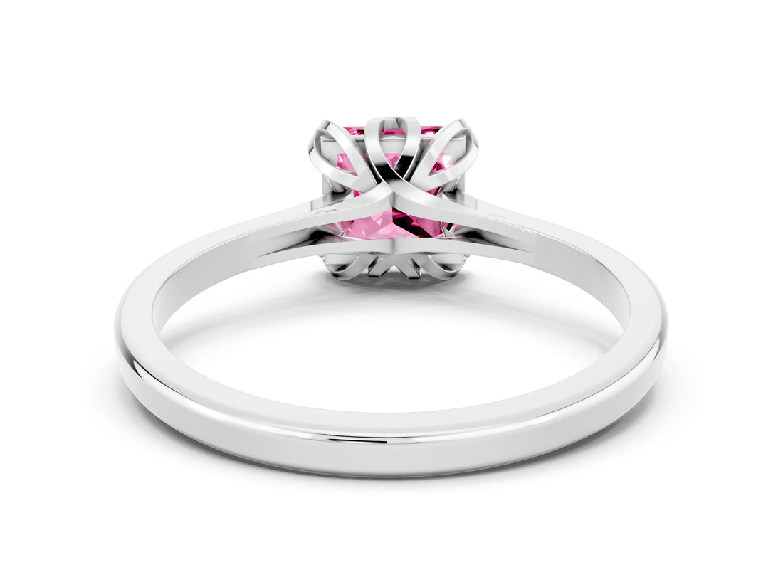 Platinum Princess Cut Pink Sapphire Solitaire Ring with Flower Prong Setting and Classic Band_12