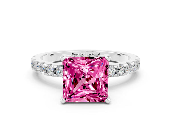 Platinum Princess Cut Pink Sapphire Solitaire Ring with Round Pavé Band and Four-Prong Setting