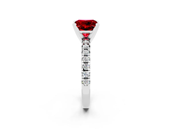 Platinum Princess Cut Ruby Solitaire Pavé Engagement Ring with Round Band and Prong Setting