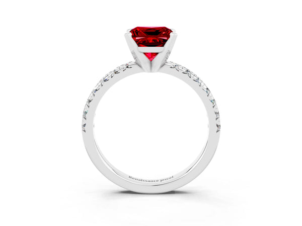 Platinum Princess Cut Ruby Solitaire Pavé Engagement Ring with Round Band and Prong Setting