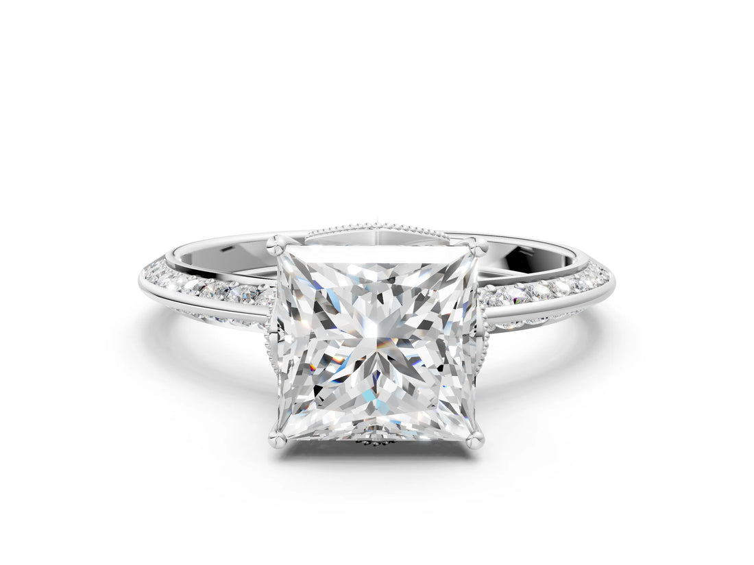 Platinum Princess Cut Solitaire Split Shank Pave Diamond Engagement Ring with Four-Prong Setting_13