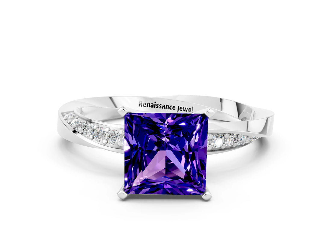 Platinum Princess Cut Tanzanite Engagement Ring with Side Stone Accents and Four-Prong Setting_24