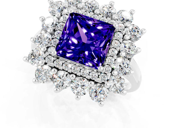 Platinum Princess Cut Tanzanite Floral Double Halo Engagement Ring with Prong Setting
