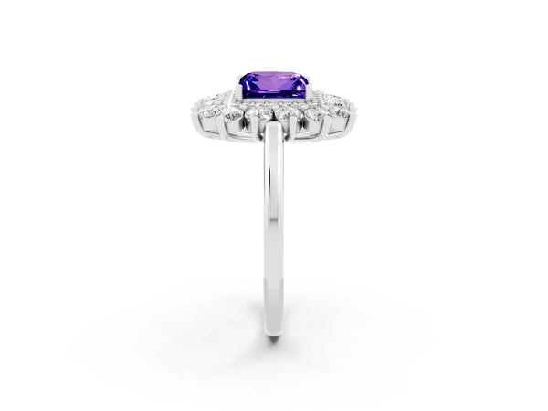 Platinum Princess Cut Tanzanite Floral Double Halo Engagement Ring with Prong Setting