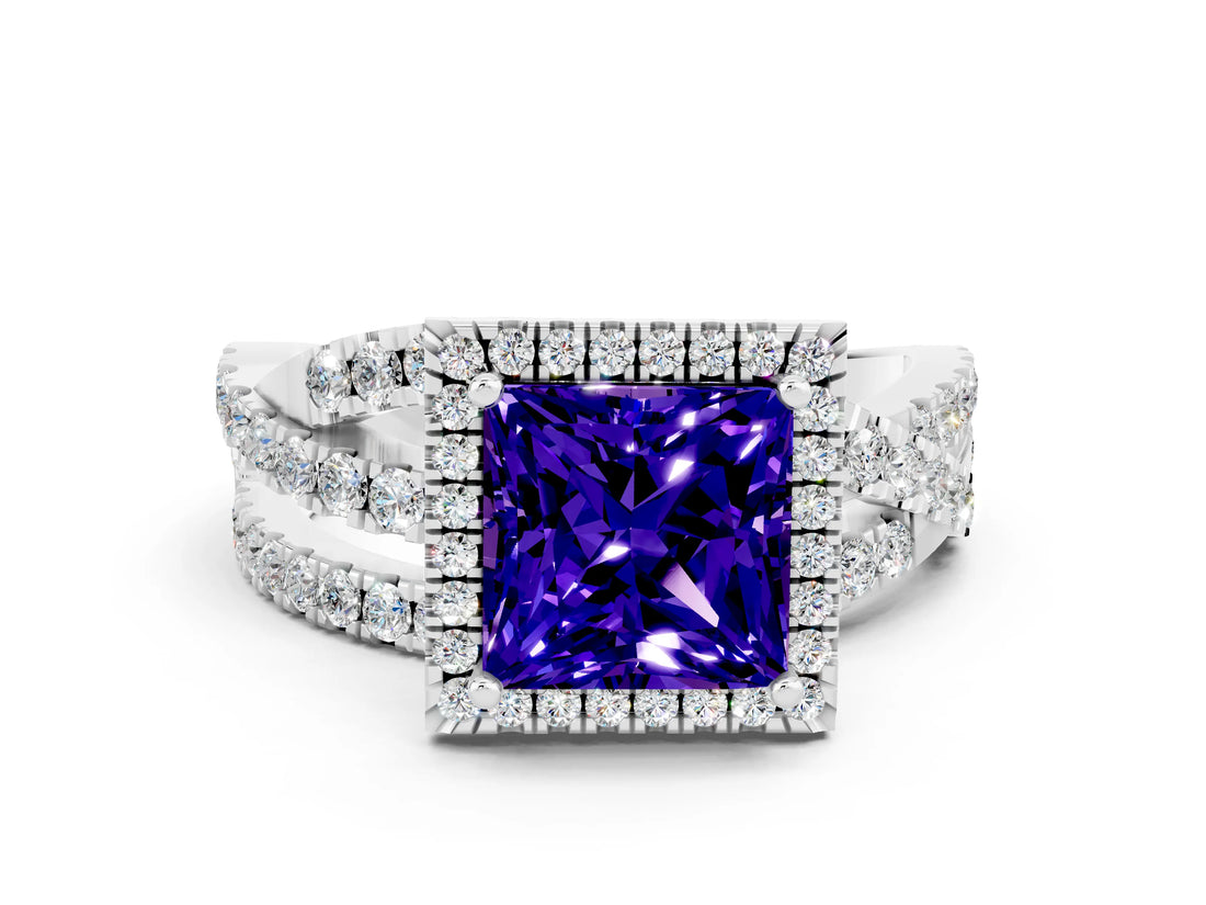 Platinum Princess Cut Tanzanite Halo Ring with Round Split Shank and Prong Setting_66